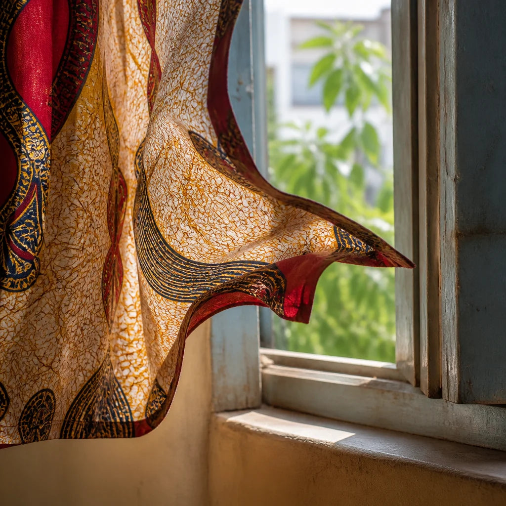 Close-up macro of an open window with a gentle breeze billowing a lightweight wax-print curtain in a