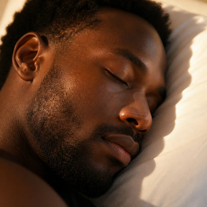 Close-up of a Senegalese man's face in profile, asleep on a pillow, with the AirBande Sommeil strip