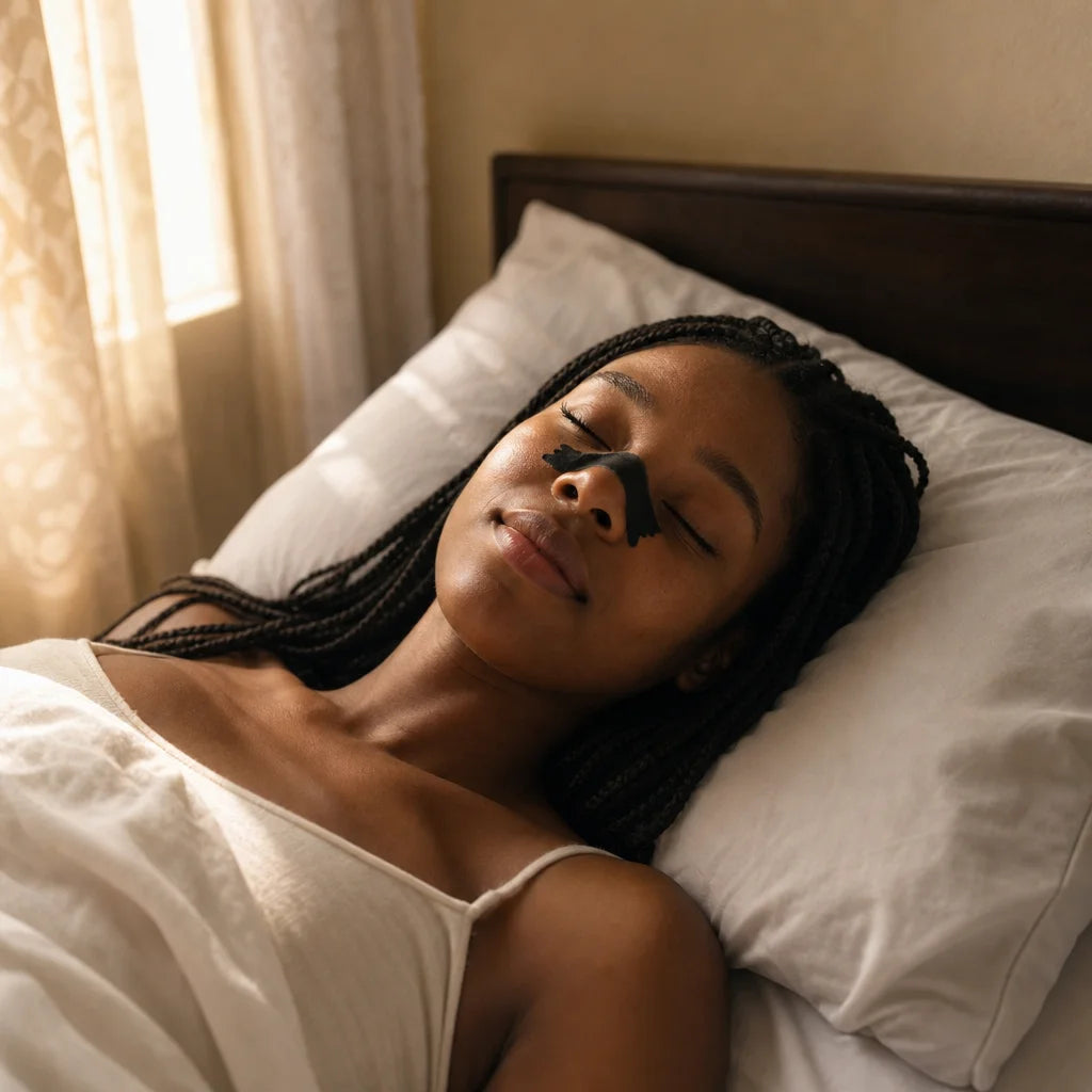A Senegalese woman sleeping peacefully in a comfortable bed, the AirBande Sommeil strip on her nose,