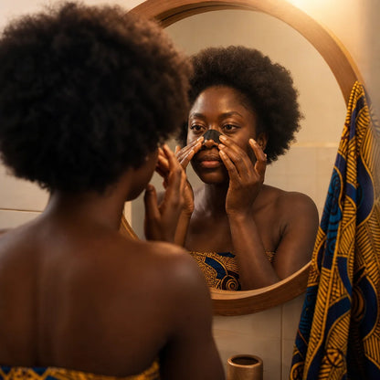 A Senegalese woman with natural hair applying the AirBande Sommeil strip onto her nose, her reflecti