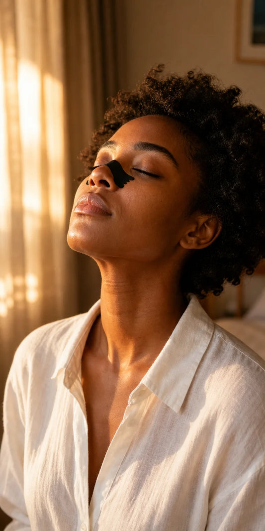 Tall portrait format 1:2. A Senegalese woman with natural curly hair, eyes closed, taking a deep, li