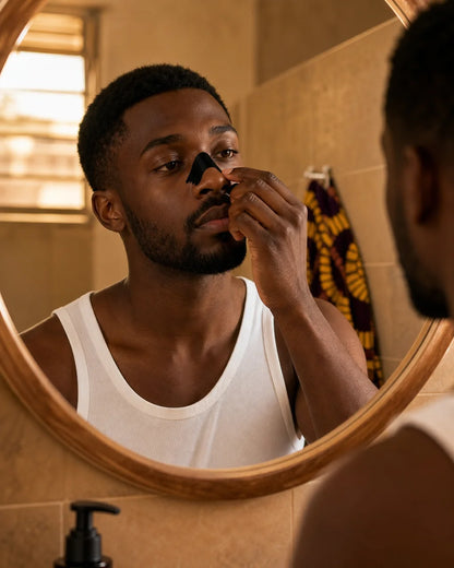 Portrait format 4:5. A Senegalese man with a short beard and athletic build, standing in a warmly li